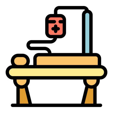 Kan torbası yatak ikonu ana hat vektörü. Acil serviste. Hemşire bakım rengi düz