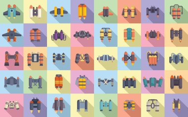 Jetpack simgeleri düz vektör ayarlayın. Çocuk uçuyor. Süper uçak