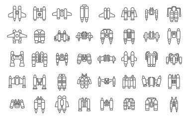 Jetpack simgeleri dış hat vektörünü ayarlar. Çocuk uçuyor. Süper uçak