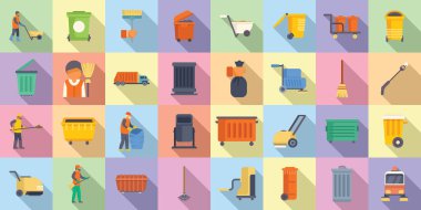 Adam sokak temizleyicisi simgeleri düz vektör ayarlıyor. Şehir maskesi. İnsanlar çöp.