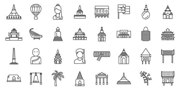 Ícones Mianmar Definir Vetor Contorno Mapa Referência Cultura Templo — Vetor de Stock