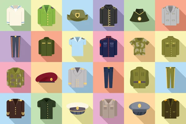 Military Uniform Icons Set Flat Vector Army Officer Shirt Armed — Stock Vector