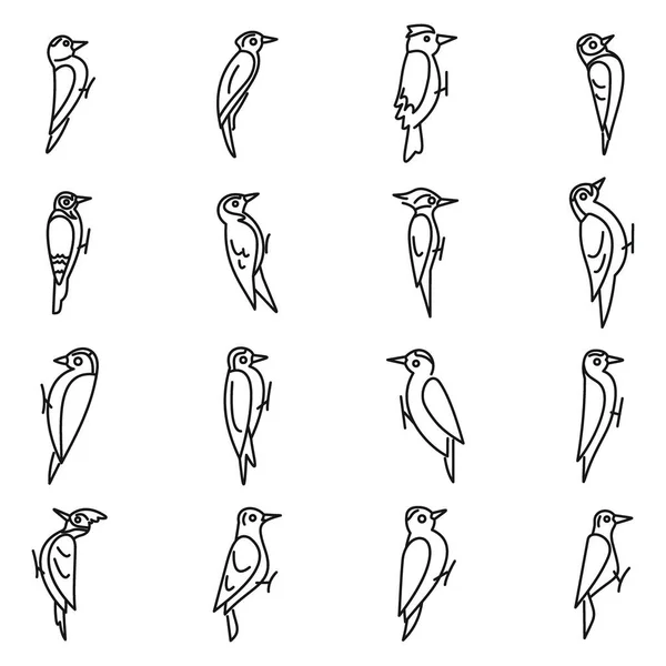 Iconos Del Pájaro Carpintero Establecen Vector Contorno Aves Animales Naturaleza — Vector de stock
