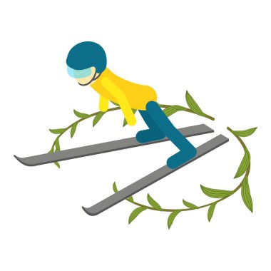 Kayak atlama ikonu izometrik vektörü. Atlet kayakçı yarışma sırasında atlıyor. Kış sporları