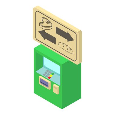 ATM ikonu izometrik vektörü. Ok işaretçisi ve modern yeşil ATM ikonu. Nakit alınıp dağıtılıyor.