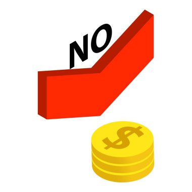 Kayıp konsept izometrik vektörü. Yazılı bozuk para ve kırmızı oku istifleyin. Kayıp, finansal konsept