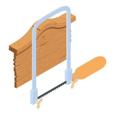 Carpentry work icon isometric vector. New coping saw and old wooden board icon. Workshop, carpentry clipart