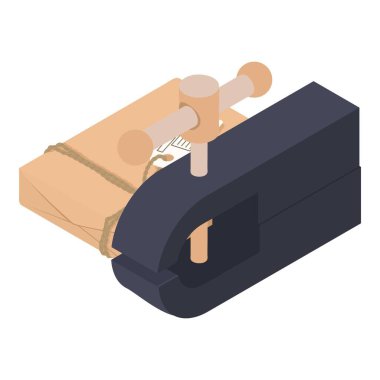 Locksmith equipment icon isometric vector. Black metal bench vise and postal box. Professional equipment delivery clipart