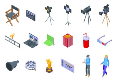 Yönetmen simgeleri izometrik vektörü ayarladı. Atış yapıyorum. İş televizyonu