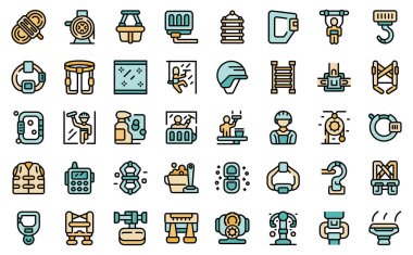 Endüstriyel tırmanma simgeleri ana hat vektörü belirledi. Erkek boyası. İzole edilmiş beyaz üzerinde işçi halatı ince çizgi rengi düz