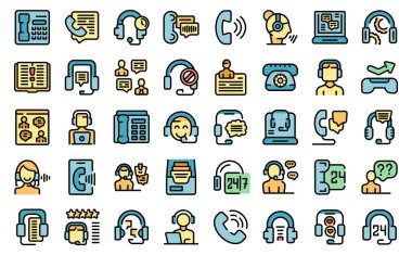 Danışman simgeleri ana hat vektörünü ayarlayın. Destek merkezi. İzole edilmiş beyaz üzerinde ince çizgi rengine yardım et