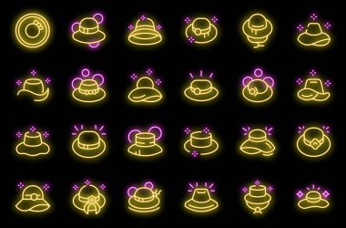 Plaj şapkası simgeleri dış hat vektörünü ayarlar. Saman yazı. Siyah izole edilmiş neon renginde seyahat et