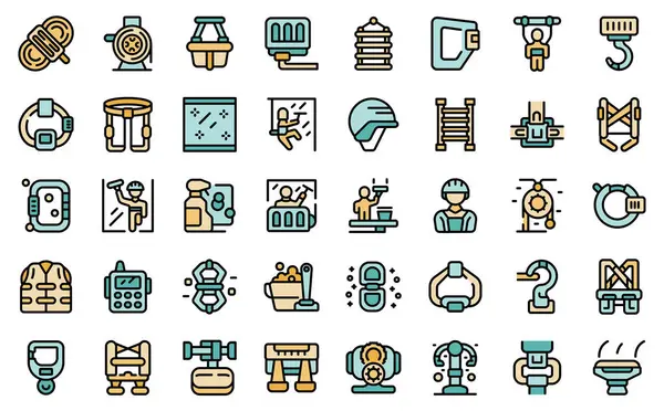 Industrial Climbing Icons Set Outline Vector Man Paint Worker Rope — Stock Vector