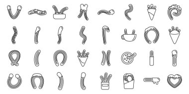 Churros simgeleri dış hat vektörünü ayarlar. Çikolata yiyecekler. İspanya bisküvisi