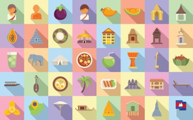 Kamboçya simgeleri düz vektör belirledi. Asya haritası. Seyahat simgesi