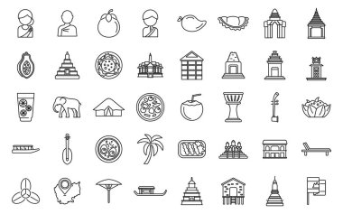 Kamboçya simgeleri ana hatları belirler. Asya haritası. Seyahat simgesi