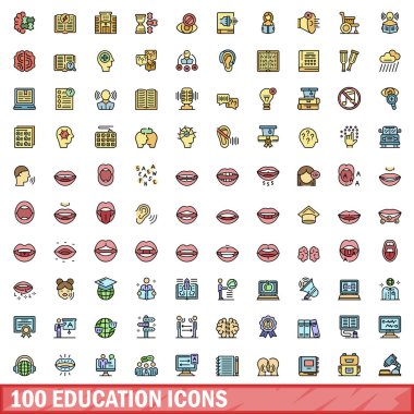 100 education icons set. Color line set of education vector icons thin line color flat on white clipart