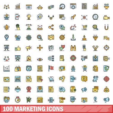100 pazarlama ikonu. Pazarlama vektör simgelerinin renk çizgisi beyaz üzerine ince çizgi rengi