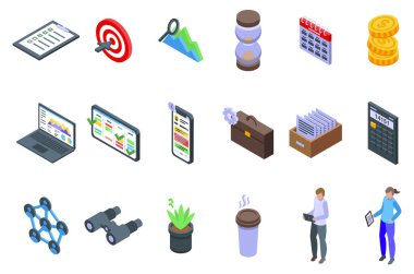 Proje Yönetimi simgeleri izometrik vektör ayarladı. Takım yazılımı. İş çalışması