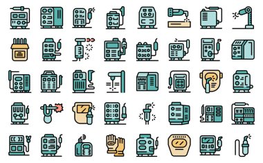 Kaynak makinesi simgeleri dış hat vektörünü ayarlar. Kablolu yayın malzemesi. Fabrika endüstrisi beyaz üzerine ince çizgi rengi