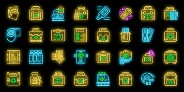 Araba ilk yardım çantası simgeleri ana hat vektörünü ayarlayın. İlaç kutusu. Sağlık güvenliği siyah üzerine neon rengi