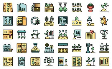 Hassas tarım ikonları ana hat vektörünü belirledi. Akıllı çiftlik. Dijital gelecek ince çizgi rengi beyaz üzerine düz