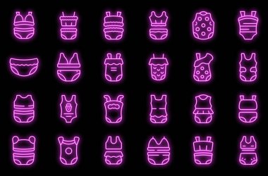 Çocuk simgeleri için mayolar ana hatları belirler. Yüzücü çocuk. Plaj neon rengi siyah üzerine