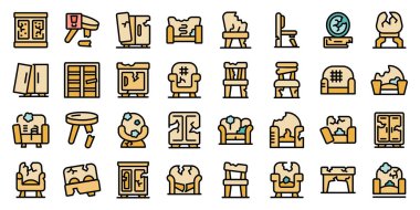 Kırık mobilya simgeleri ana hatları belirler. İç oda. Kırılmış ince çizgi rengi beyazda düzdür