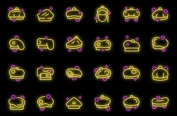 Beret Icons Set Outline Vector French Hat Cap Wool Neon — Stock Vector