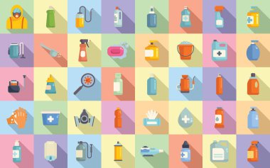 Dezenfektan simgeleri düz vektör ayarlayın. Temiz sprey. Güvenlik temizliği