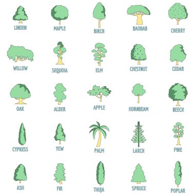 Tree types icons set. Outline illustration of 25 tree types vector icons thin line color flat on white clipart