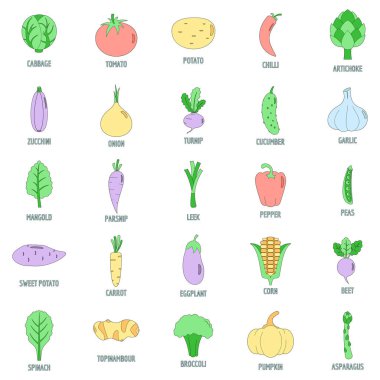 Sebze ikonları hazır. 25 sebze vektör simgesinin taslağı. Beyaz üzerine ince çizgi rengi.