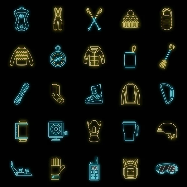 Snowboarding equipment ski winter snow icons set. Outline illustration of 25 snowboarding equipment ski winter snow vector icons neon color on black