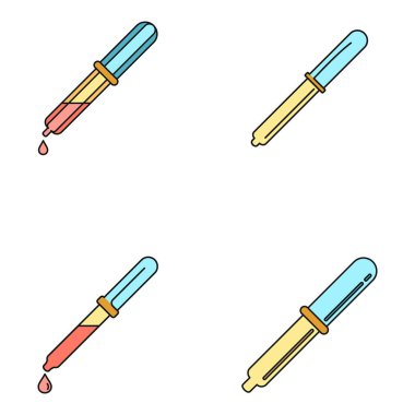Pipette medikal damlalık araç simgeleri ayarlandı. 4 pipette medikal damlatma aracı vektör simgeleri ince çizgi rengi beyaz üzerinde düz