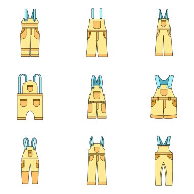 İş giyimi simgeleri ayarlandı. 9 tulum iş giyimi vektör simgesinin basit gösterimi beyaz üzerinde ince çizgi rengi düz