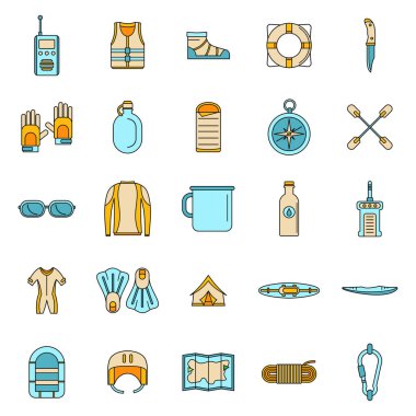 Rafting su kanosu simgeleri ayarlandı. 25 rafting kano su kanosu vektör simgelerinin taslağı beyaz üzerinde ince çizgi rengi düz