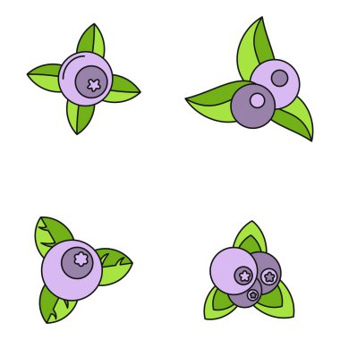 Yaban mersini tatlı meyve ikonu seti. 4 yaban mersini tatlı meyve vektörü simgesinin ana hatları beyaz üzerine ince çizgi rengi