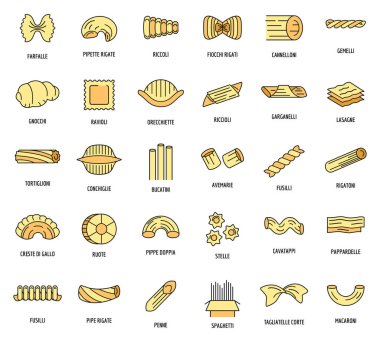 Makarna makarna makarna makarna ikonu seti. Makarna makarna, makarna, makarna, vektör, ince çizgi, düz beyaz.