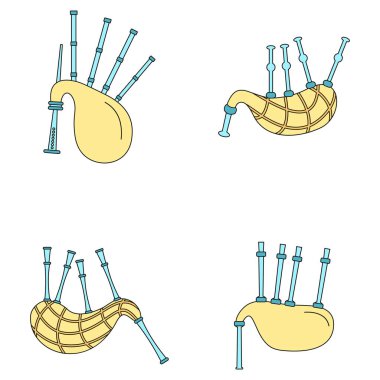 Gayda İskoç ikonları seti. İskoçya İskoçya 'daki 4 gayda tasviri. Beyaz üzerinde ince çizgi rengi.