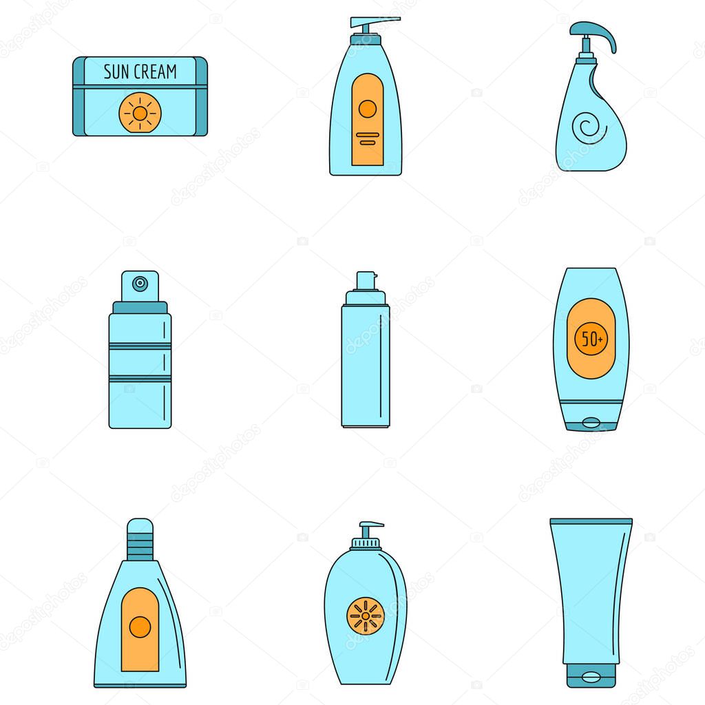 Sunscreen sun protection logo icons set. Outline illustration of 9 sunscreen sun protection logo vector icons thin line color flat on white
