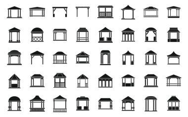 Pergola simgeleri basit vektör ayarlar. Çardak parkı. Ahşap oyuk verandası