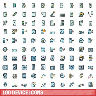 100 aygıt simgesi ayarlandı. Aygıt vektör simgelerinin renk çizgisi beyaz üzerine ince çizgi rengi