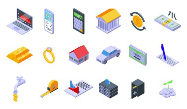 Cash Flow simgeleri izometrik vektör belirledi. Döngü okunu geri ver. Para finans işi