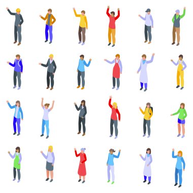 İnsanlar izometrik vektörler oluşturarak jest yapıyor. Merhaba el sallama. Hoş geldin öğrenci.
