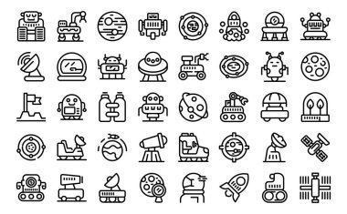 Uzay simgelerindeki robotlar ana vektör çiziyor. Makine alanı. Ana istasyon gezegeni