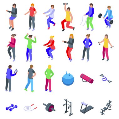 Fitness koçluğu ve eğitim ikonları izometrik vektör ayarlandı. Spor koçu. Eğitime uygun eğitmen
