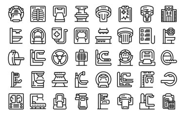 X-ray makine simgeleri dış hat vektörünü ayarlayın. Tıbbi hastane cihazı. Makine ameliyathanesi.