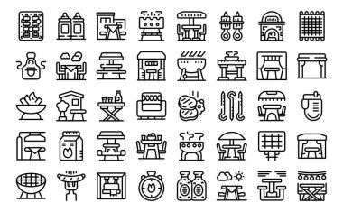 Arka bahçedeki simgelerde piknik ana hatları belirler. Yemek ızgarası yazı. Parti doğa bahçesi