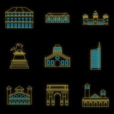 Milan İtalya 'nın siluet simgeleri belirlendi. 9 Milano İtalya şehir siluet vektör simgeleri siyah üzerine neon rengi