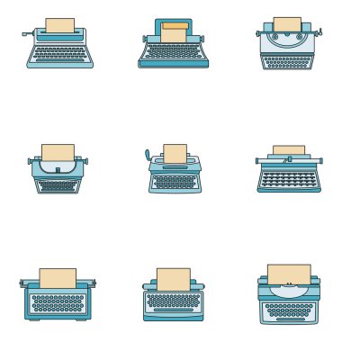 Daktilo makinesi tuşları eski klavye simgeleri seti. 9 daktilo makinesinin taslağı tuşları eski klavye vektör simgeleri ince çizgi rengi beyaz üzerinde düz